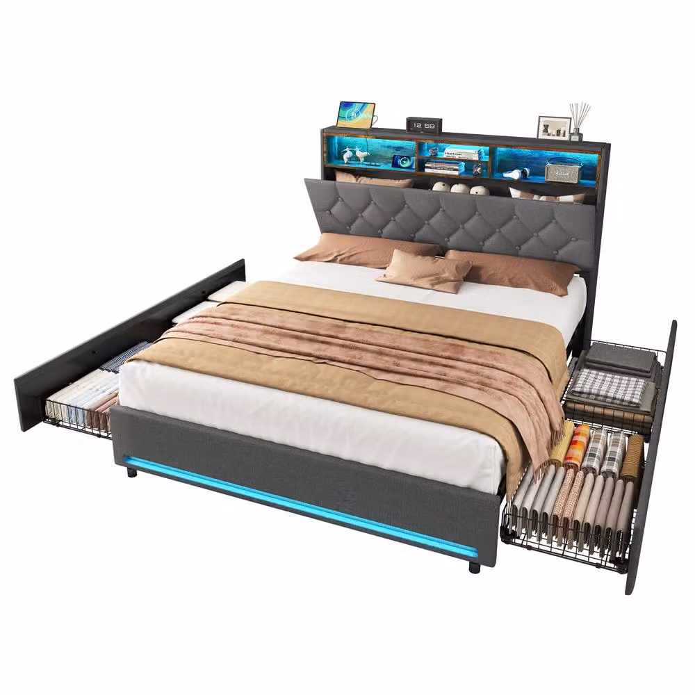 ModernLuxe Upholstered Double Bed in Grey with 4 Drawers, LED Headboard and USB Charging Port, W/D/H: 140 x 200 x 142 cm – 7