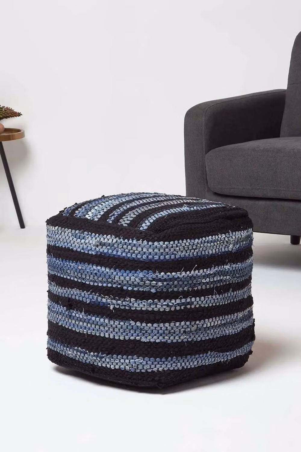 Homescapes Texas Blue Denim and Leather Striped Bean Filled Pouffe, W/D/H: 40 x 40 x 40 cm – 2
