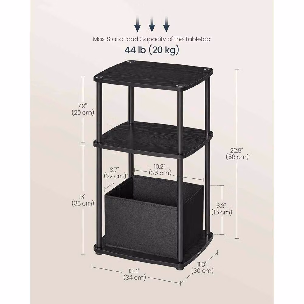The Bazaarist 3 Tier Side Table with Fabric Basket Storage in Black – 3
