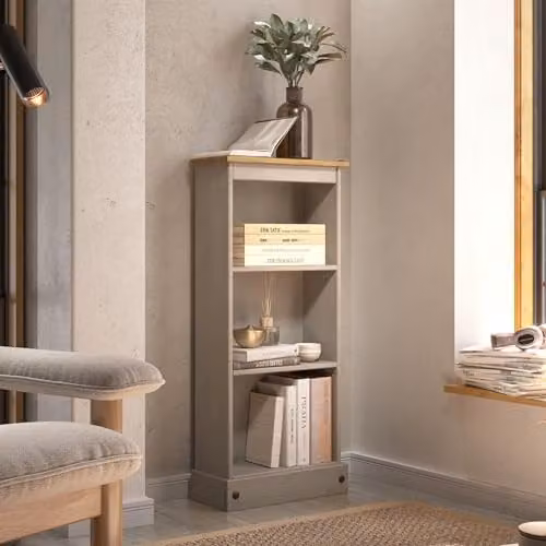 Core Products Corona Low Narrow Bookcase in Grey and Waxed Pine – 2