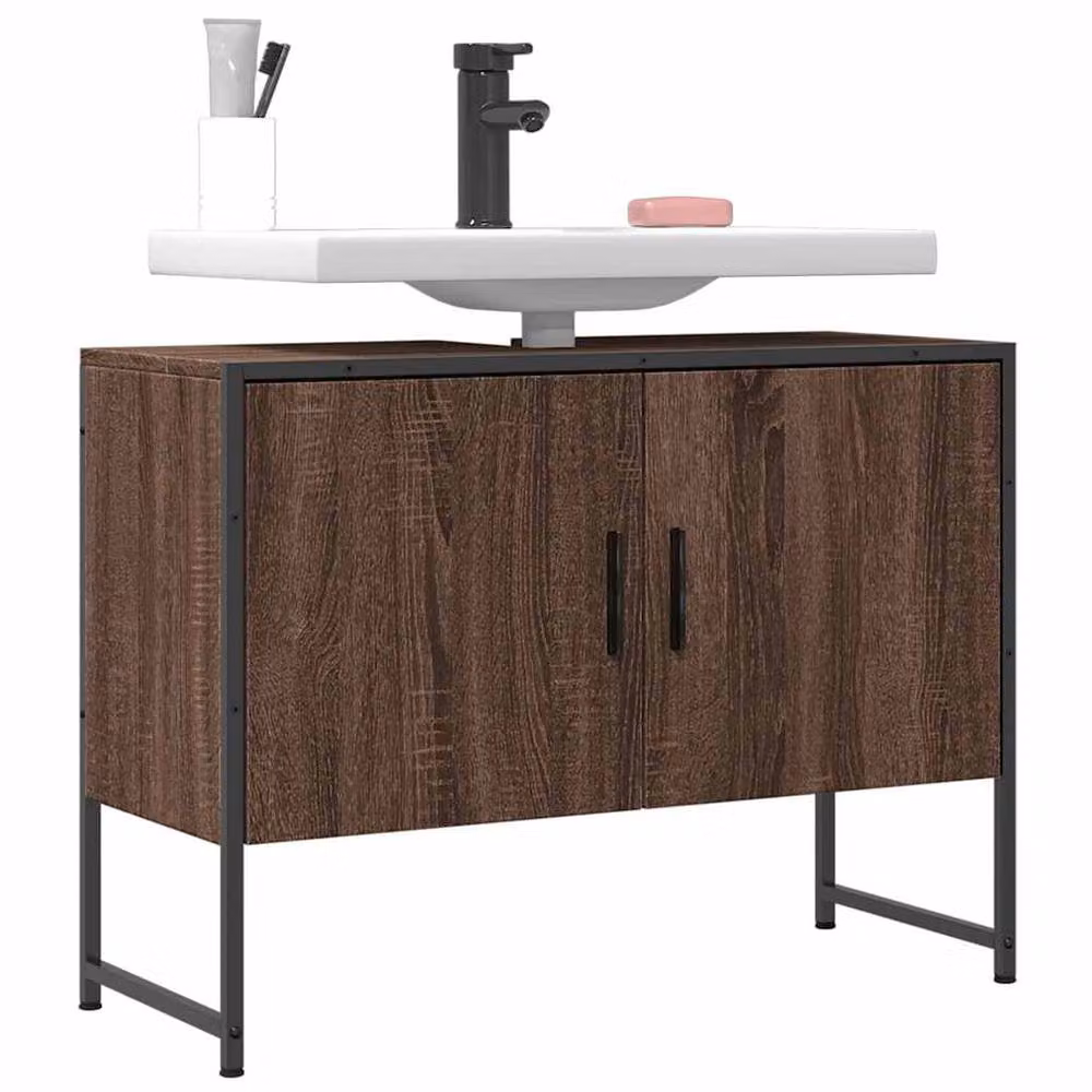 Berkfield Home Brown Oak Wall Mounted Bathroom Sink Cabinet W: 80 cm, D: 33 cm, H: 60 cm – 2