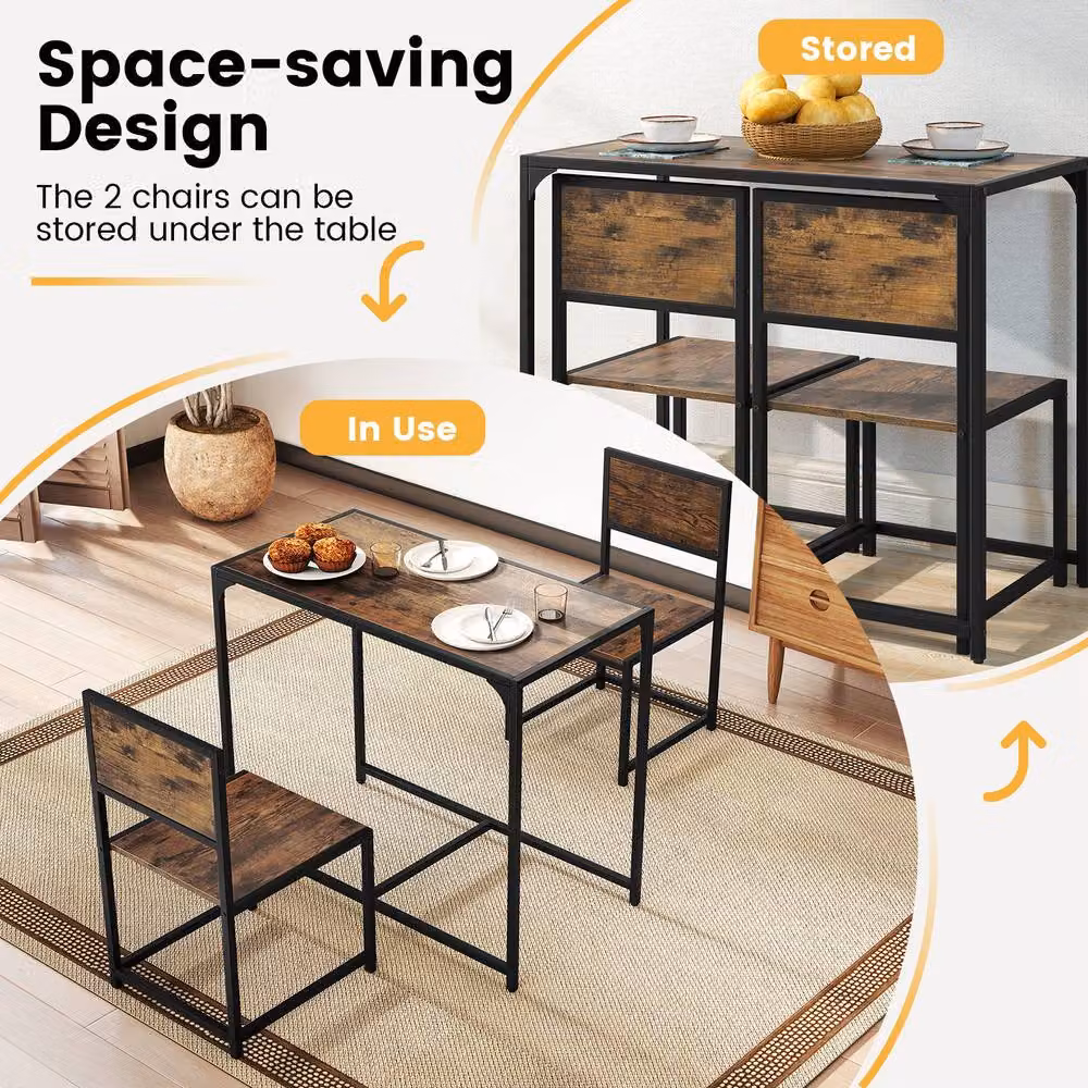 Costway 3 Piece Industrial Dining Set with Rectangular Kitchen Table and 2 Chairs in Brown – 3