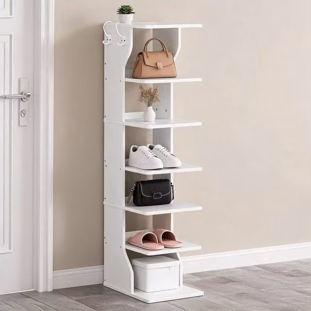 London Boutique Narrow White Wooden Shoe Rack with Hooks and Back Panel, W/D/H: 26.5 x 10.0 x 110.0 cm – 1