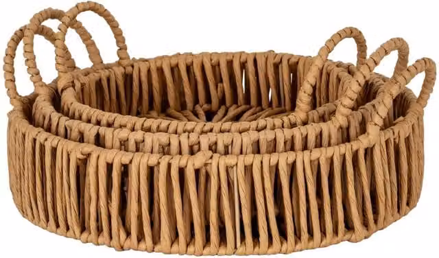 KDMK Set of 3 Round Rustic Brown Textile Serving Trays with Large Loop Handles
