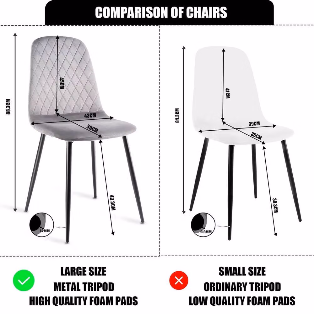 VOGREX Set of 4 Grey Velvet Dining Chairs with Padded Seats and Metal Legs – 2