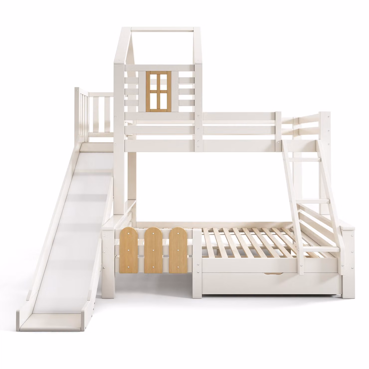 Aosom UK 3-in-1 Cabin-style Bunk Bed with Slide and Storage Drawer, White Solid Wood and MDF Frame, W: 189 cm, D: 240 cm, H: 230 cm – 2