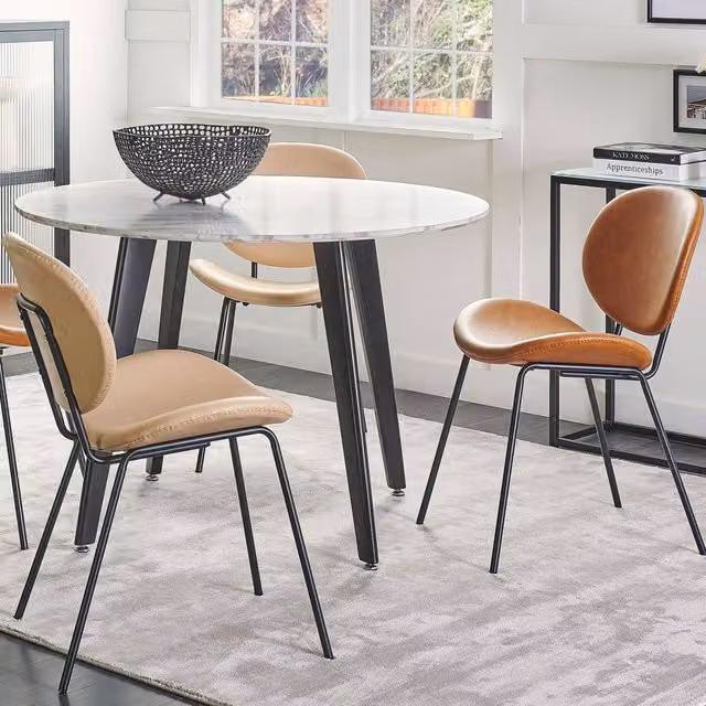 Wyld and Coco Set of 2 Armless Dining Chairs in Sand Beige Faux Leather with Black Iron Legs – 1