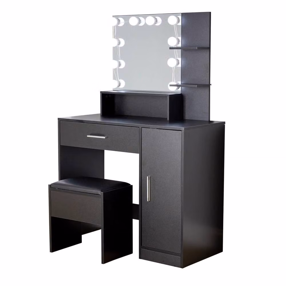Home Source Modern Black Dressing Table with LED Hollywood Mirror and Stool Set, W/D/H: 134 x 90 x 40 cm – 3