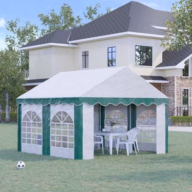 Outsunny Garden Gazebo Marquee Party Tent with Sides, White and Green, W: 395 cm