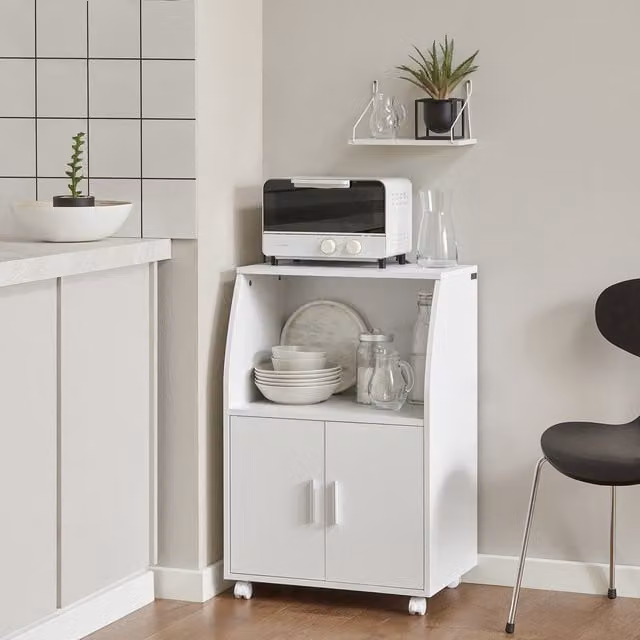 SoBuy Modern Wheeled Storage Trolley Microwave Shelf with Hinged Doors and Internal Shelves, White