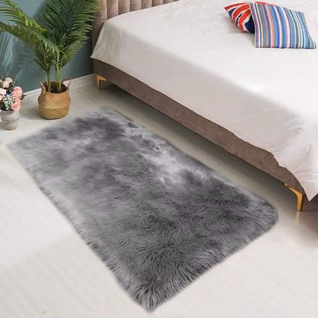 Kidkid Grey Faux Fur Shaggy Area Rug for Bedroom or Living Room