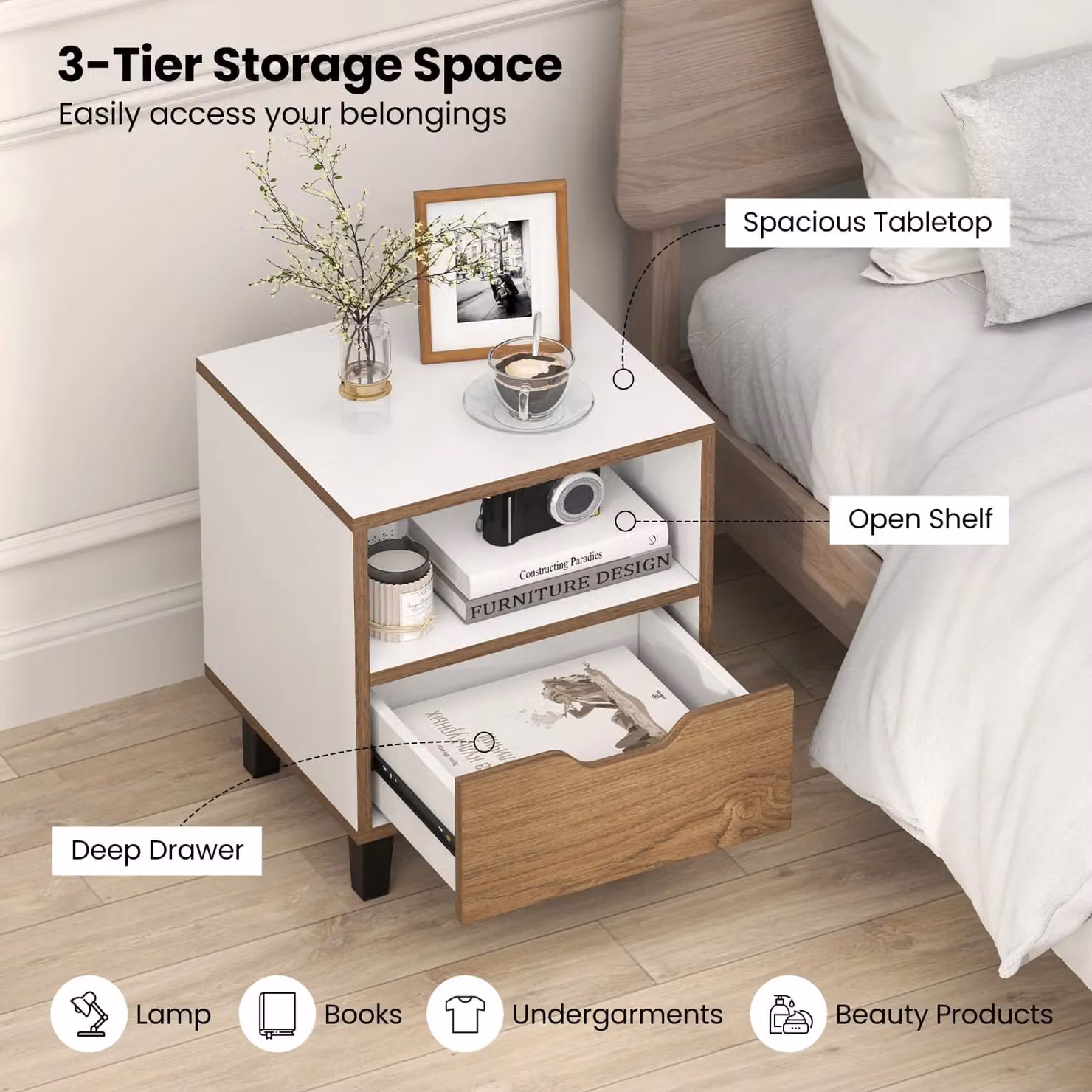 Costway Mid Century Modern Nightstand with Drawer and Storage Shelf in White – 3