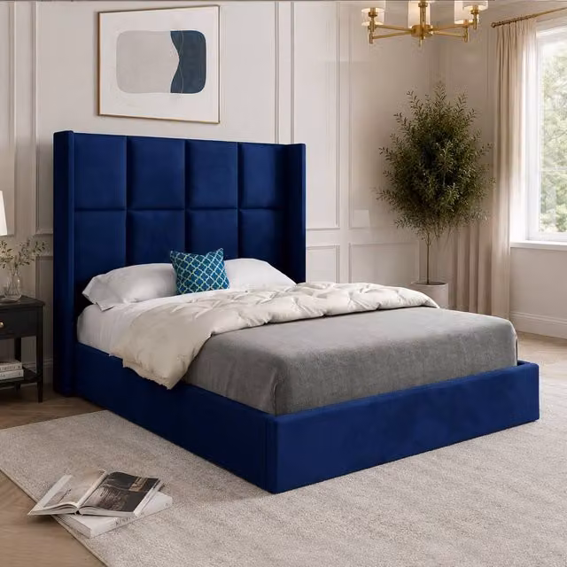 Casani Yaverland Blue Soft Velvet Upholstered Designer Bed Frame, W/D/H: 180 x 137 x 159 cm
