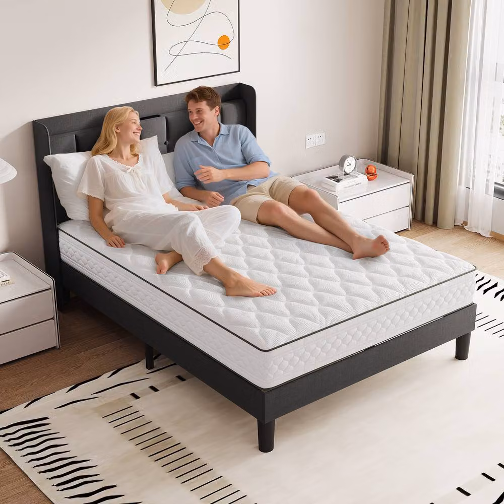 Dprodo Grey Linen Upholstered Bed Frame with Tufted Headboard, USB Charging Port and Bedside Shelf, W/D/H: 90 x 200 cm – 2