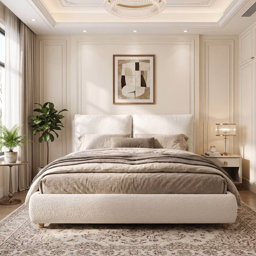 ModernLuxe Upholstered Double Ottoman Bed in White Bouclé Fabric with Headboard and Lift-Up Base, W/D/H: 140 x 200 cm – 2