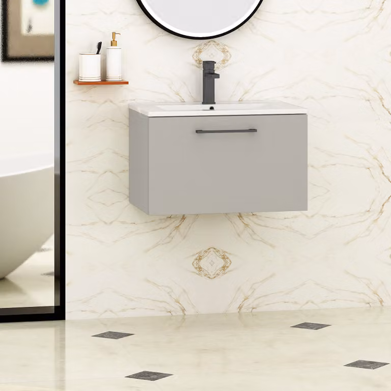 Royal Bathrooms Modena 800mm Wall Hung Vanity Unit with Minimalist Basin in Satin Grey and Black Handle