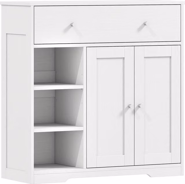 HOMCOM White Freestanding Bathroom Floor Cabinet with Drawer, Hinged Doors and Open Shelves – 1