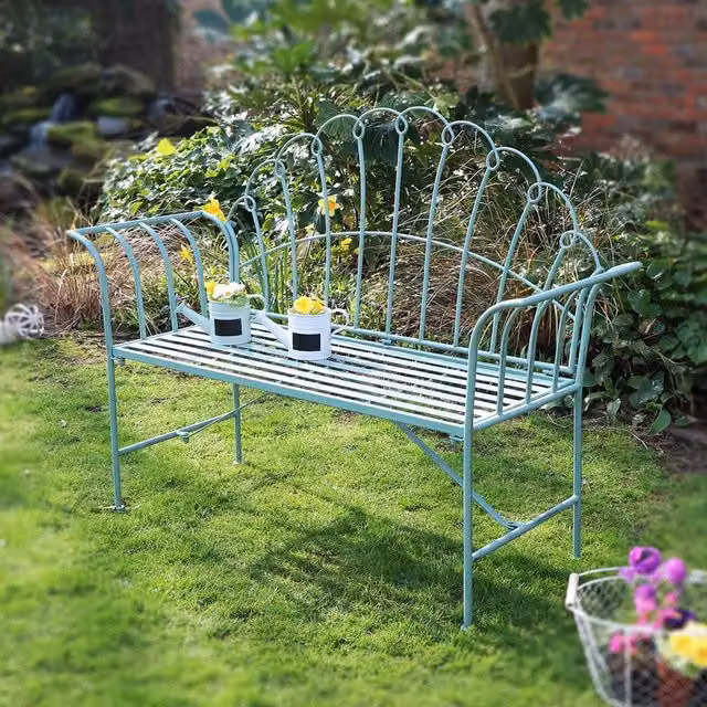 Melody Maison Vintage Metal Garden Bench in Matt Sage Green