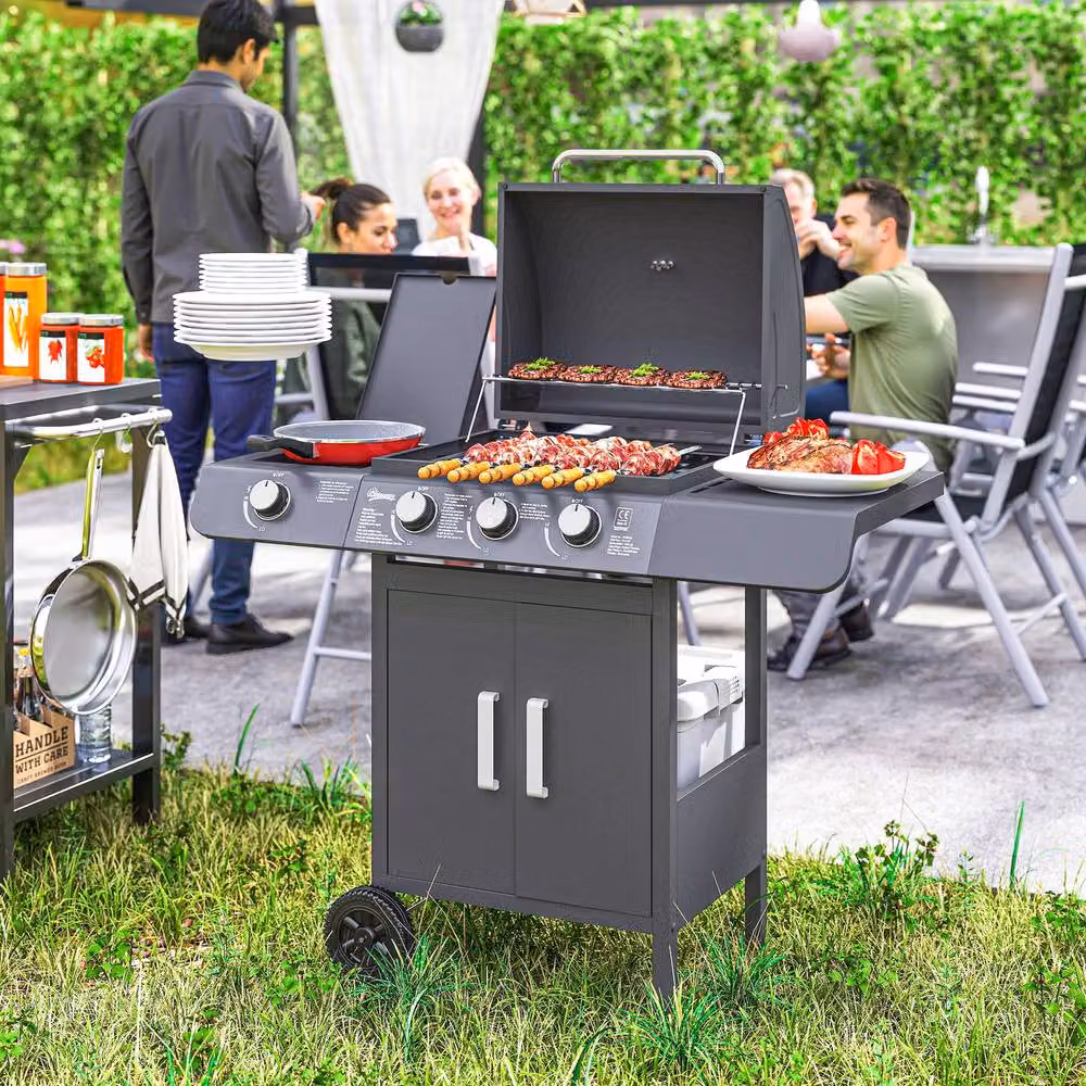 Rolipo 3+1 Burner Gas BBQ Grill Trolley with Cabinet and Side Burner in Grey – 3