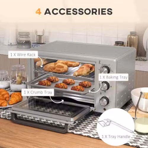 HOMCOM 21L Mini Electric Oven and Grill with Adjustable Temperature, 1400W, Silver – 3