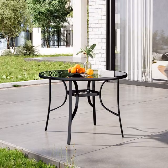 Breeins Modern Black Glossy Tempered Glass Garden Table W: 105 cm, D: 70.5 cm, H: 70.5 cm