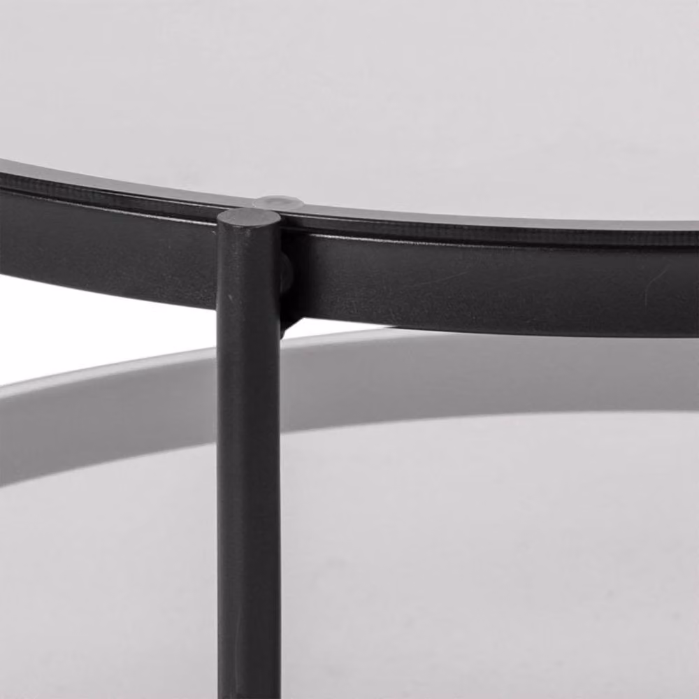 Wyld Haus Featheroak Round Smoked Glass Coffee Table in Grey with Black Metal Legs – 6
