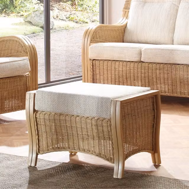 Desser Classic Rectangular Rattan and Wood Ottoman in Brown and Beige with Removable Fabric Cover