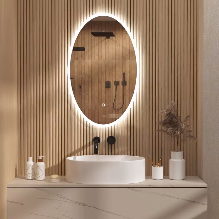 Royal Bathrooms Aspen Oval Frameless LED Illuminated Mirror in Silver, W 50 cm x H 80 cm, with Demister Pad and Touch Sensor