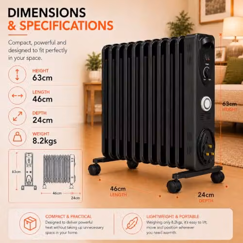 Mylek 2500W Oil Filled Radiator in Anthracite with Thermostat and Tilt Protection, H 63 cm x W 46 cm x D 46 cm – 2