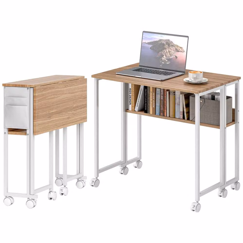 STILVORA Drop Leaf Writing Desk with Shelf and Castors in Beige and White – 3