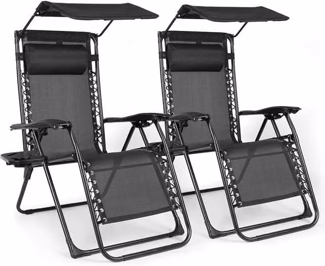 BIRCHTREE Set of 2 Modern Sun Recliners with Canopy and Cup Holders in Black