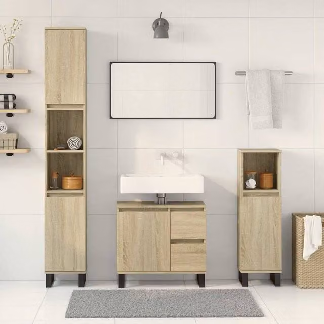 Berkfield Home 3 Piece Modern Bathroom Furniture Set in Sonoma Oak and Beige – 1