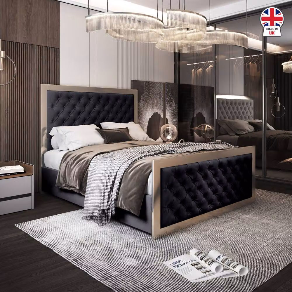 KDMD Mawdesley Upholstered Velvet Designer Bed Frame with Black Metal Details, W/D/H: 137 x 128 x 200 cm – 3