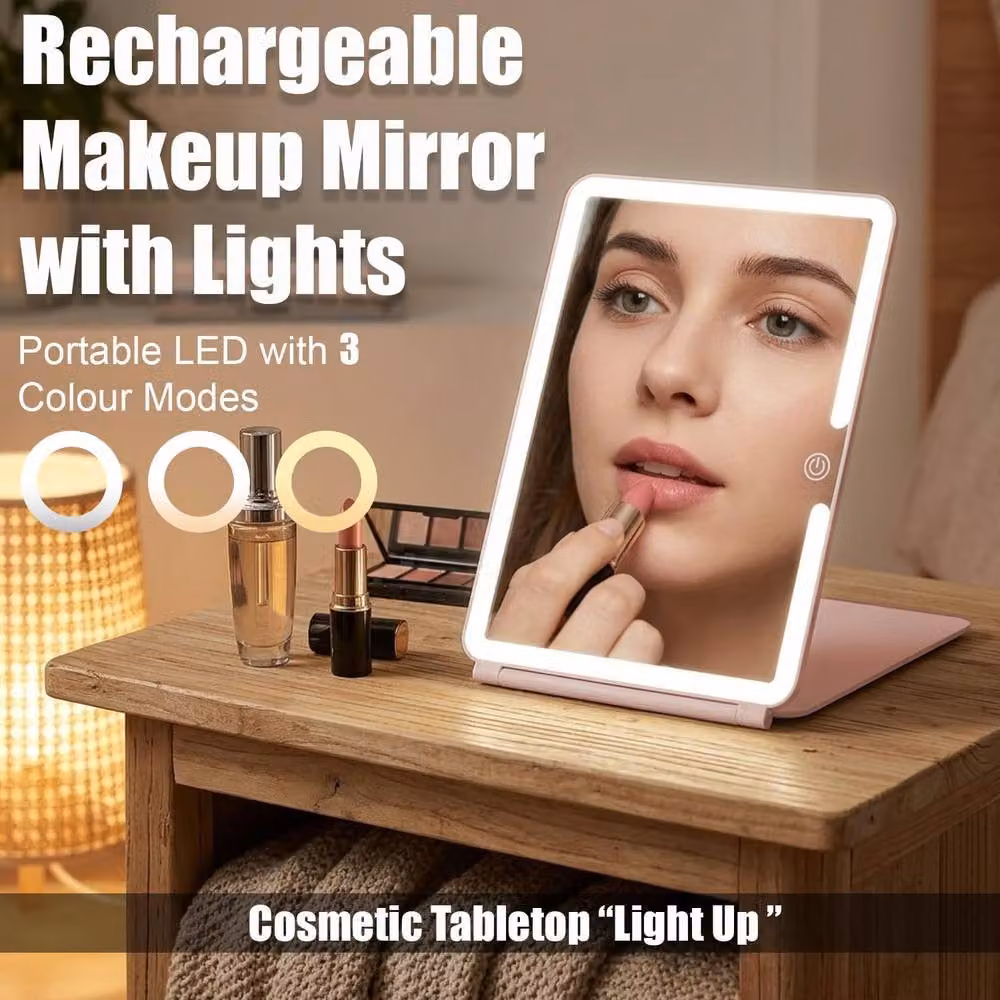 ATEK Rechargeable Portable Travel Makeup Mirror, Rotating Foldable Tabletop Cosmetic Mirror in Pink – 7