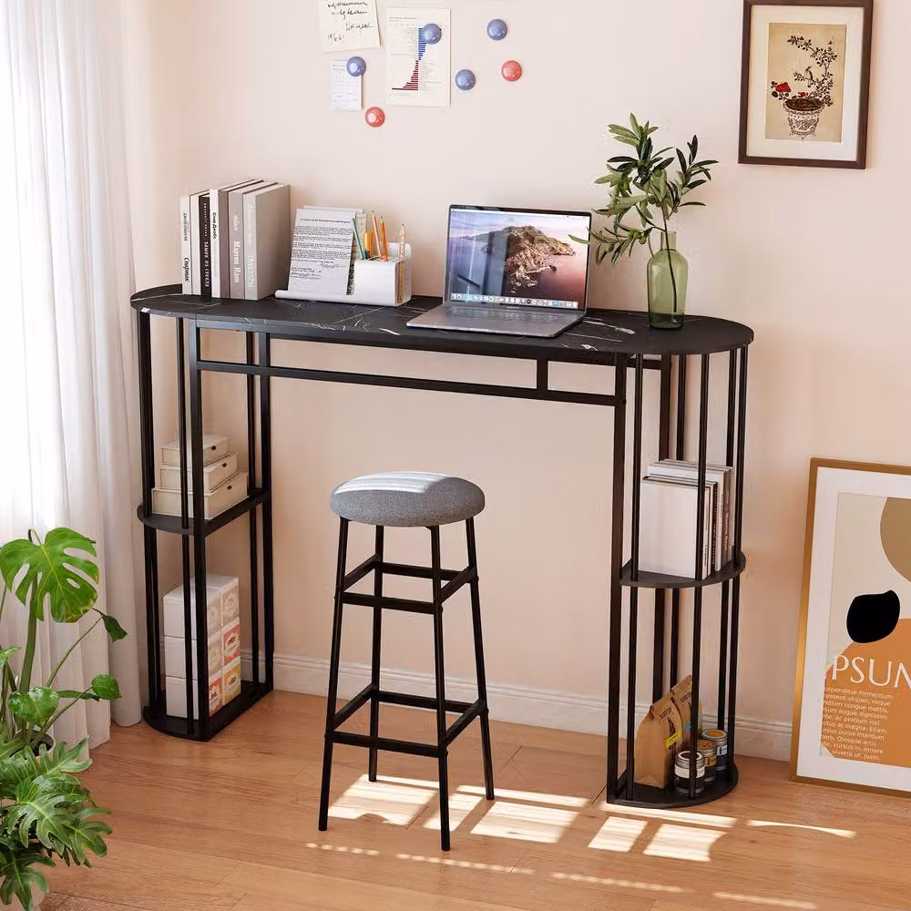 Gymax Long Narrow Pub Bar Table with Black Faux Marble Tabletop – 2