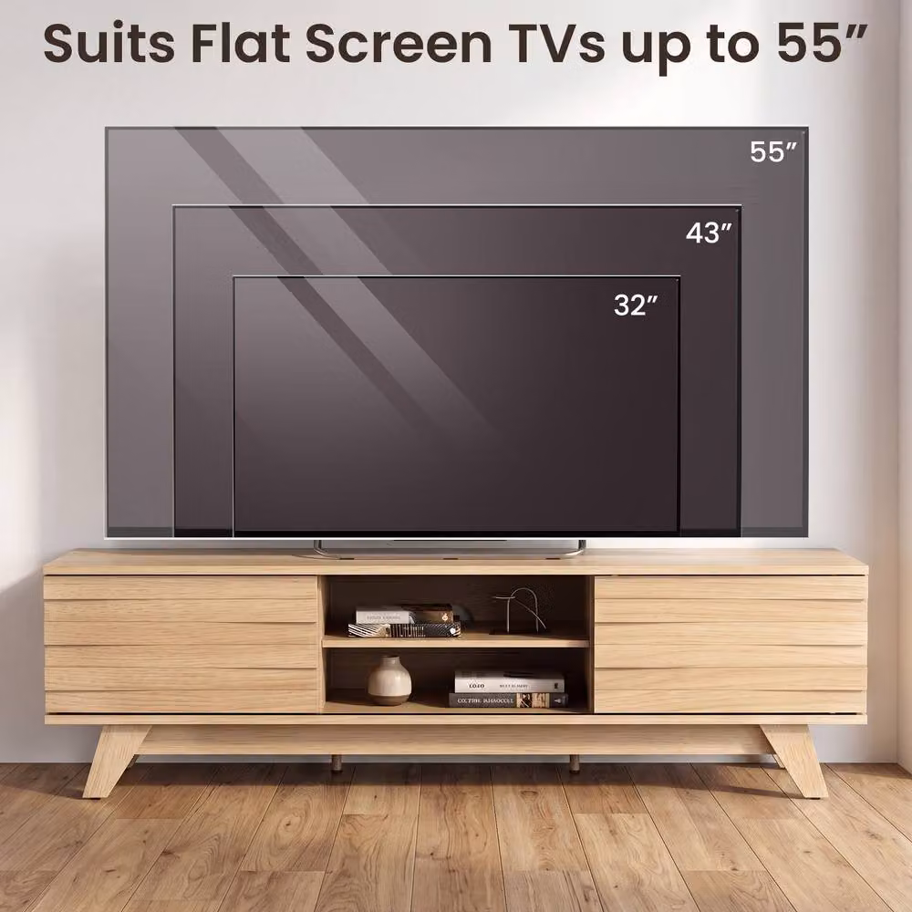 Gymax Mid-Century Wooden TV Stand with 2 Sliding Doors in Beige for TVs up to 55 inch – 2
