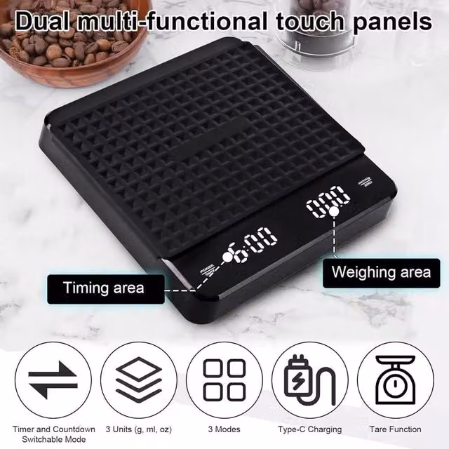 FLAVORA Digital Coffee Scale with Timer and LED Display in Black, W: 100 cm, D: 15 cm, H: 15 cm – 1