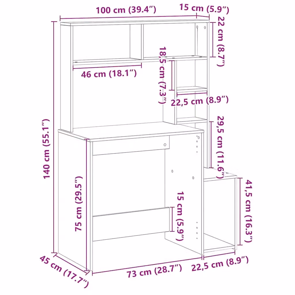 Berkfield Home Computer Desk with Shelves in Black, W/D/H: 100 x 45 x 140 cm – 6