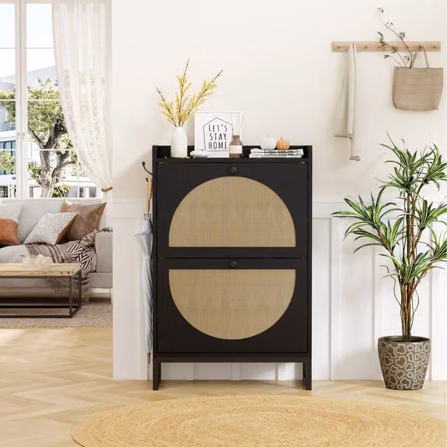 HMD 2 Door Rattan Design Shoe Storage Cabinet in Black and Natural