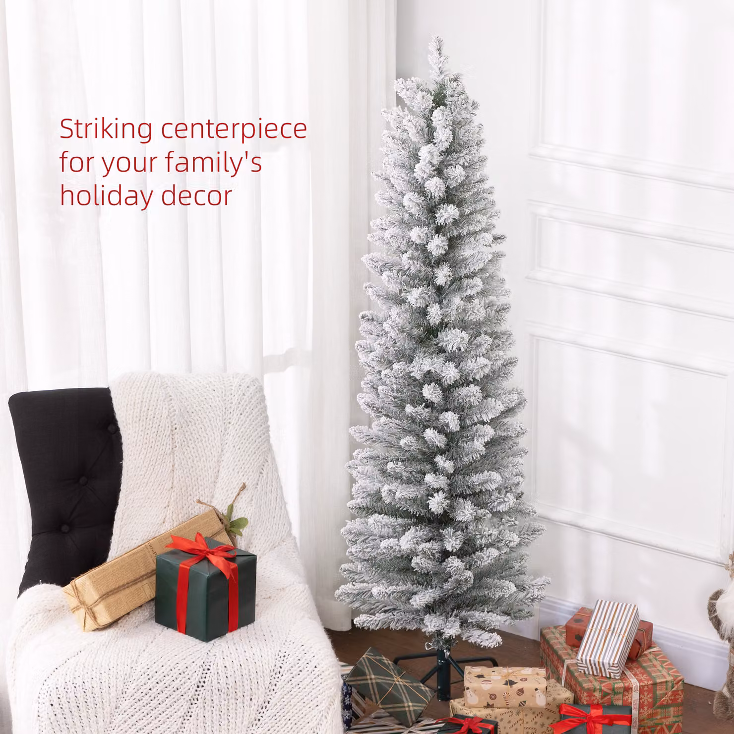 HOMCOM 5ft White Artificial Pencil Christmas Tree with 263 Snow Flocked Tips and Metal Base – 4