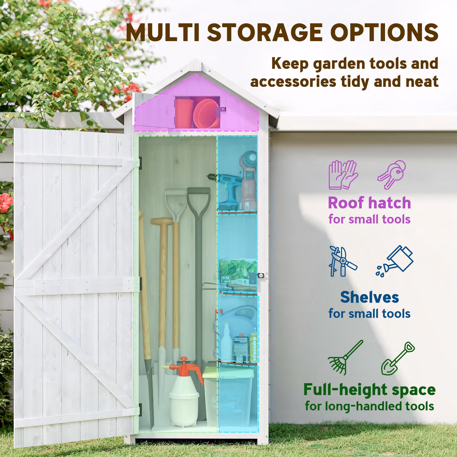 Outsunny Tall Slim Wooden Garden Shed with 3 Removable Shelves and Roof Hatch, Light Grey, W/D/H: 77 x 54.2 x 179 cm – 3