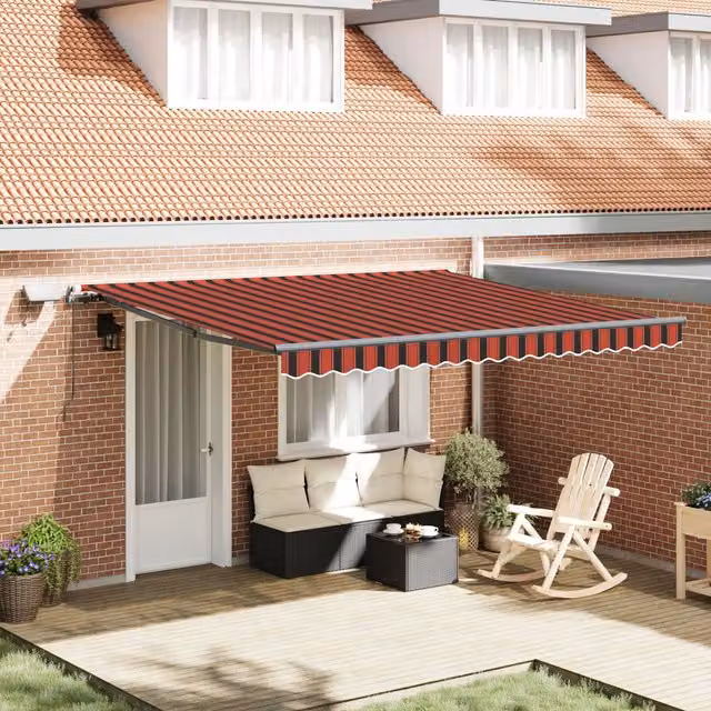 Berkfield Home Manual Retractable Wall-Mounted Awning with LED, Orange and Brown Striped Polyester, W: 400 cm, D: 350 cm – 1