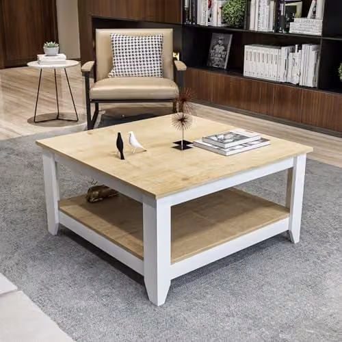 DECOROTIKA Lea Modern Square Coffee Table with Open Storage Shelf in Oak and White, W/D/H: 90 x 90 x 46 cm