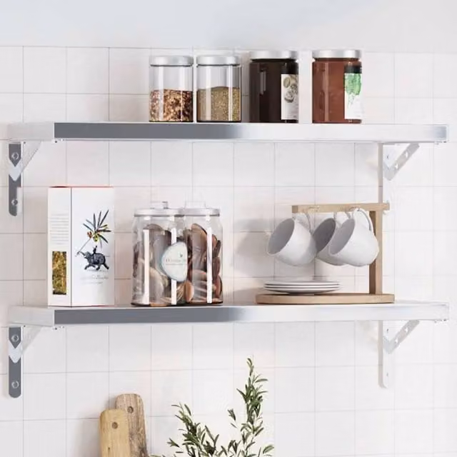 Berkfield Wall Mounted Shelf Brackets, 4 Pack, Silver Stainless Steel, W: 20 cm, D: 14 cm, H: 2.5 cm