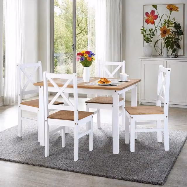 Seconique Salvador Dining Set with Ceramic Tile Top Table and 4 Chairs in White and Distressed Waxed Pine