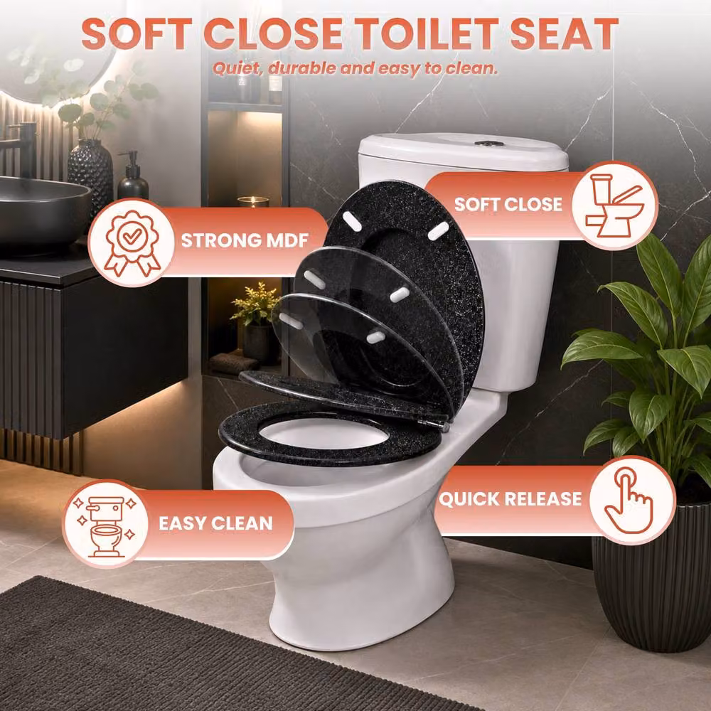 Marco Paul Black Glitter Soft Close MDF Oval Toilet Seat with Quick Release Button – 3