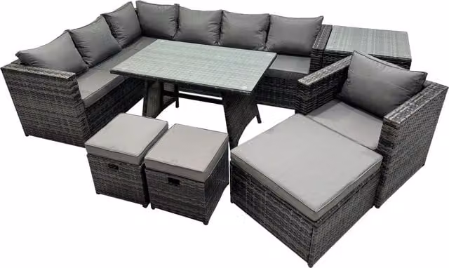 Fimous 10-Seater Outdoor Rattan Sofa Set in Dark Grey with Armchairs, 3-Seater Sofa, Ottomans, and Coffee Table