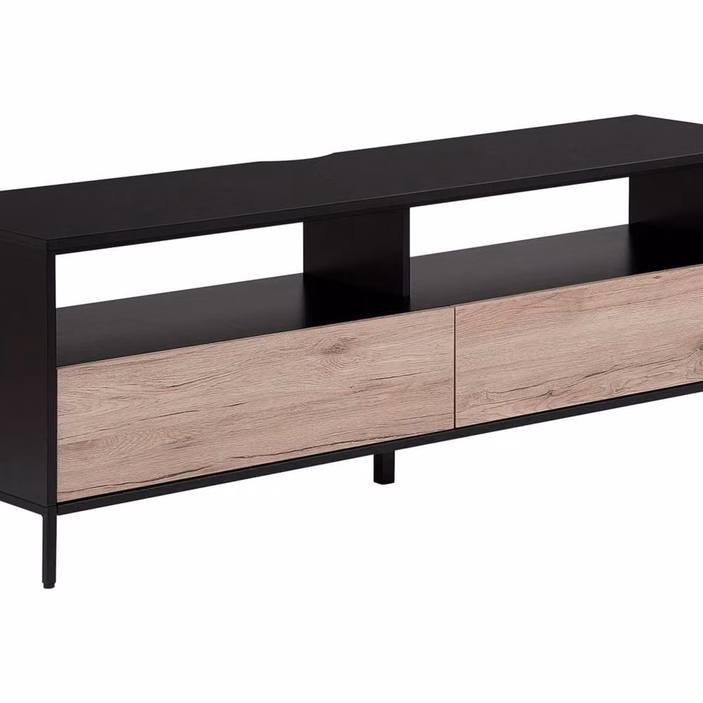 Wyld and Coco Nordic Scandinavian TV Stand in Light Timber with Black Metal Frame and 2 Drawers, Width: 150 cm – 2