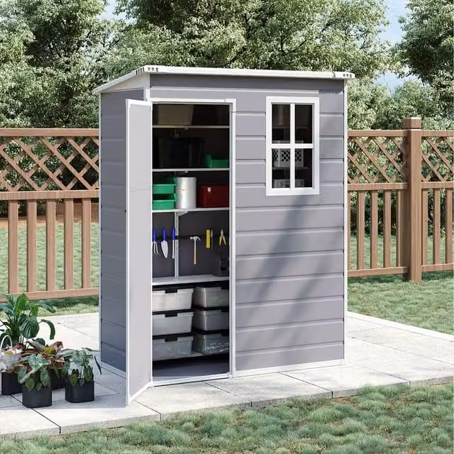 Breeins Modern Grey Plastic Pent Outdoor Garden Storage Shed Tall Cabinet