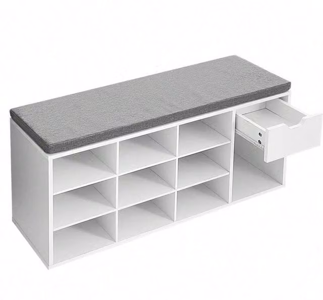 VASAGLE Modern White Shoe Storage Bench with Fabric Cushion and Drawer